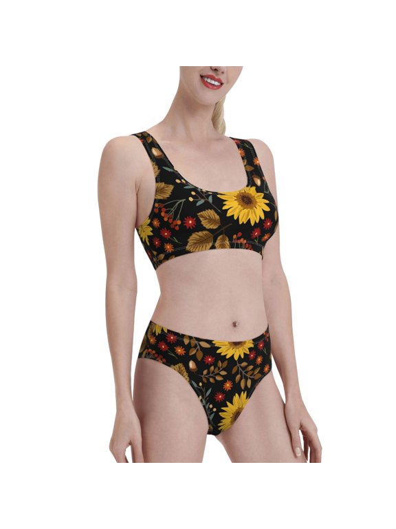 Fall Sunflowers Leaves Women's High Waisted Bikini Scoop Neck Swimsuit Two Pieces Bathing Suit-Small
