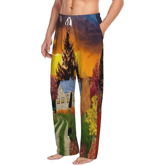 Picia Fall Village Scenery Mens Soft Woven Cotton Elastic Waistband Sleep Pajama Pant Lounge Sleep Pant With Pockets And Drawstring-Large