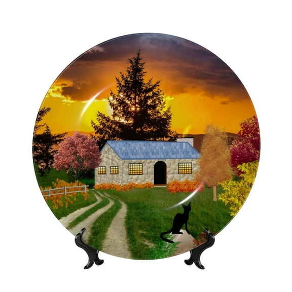 Picia Fall Village Scenery Pattern Bone China Decorative Plate – Wall Decor with Stand and Adhesive, Elegant Ornament for Living Room, Office, or Entryway-7in