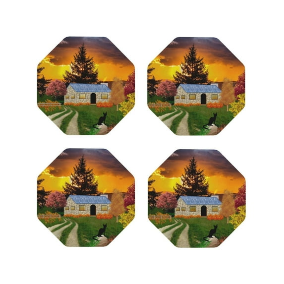 Picia Fall Village Scenery Printed Leather Coasters for Drinks, 4" Drink Coasters Set of 4 for Tabletop Protection, Handmade Luxurious Home Décor and Housewarming Gift -Octagon