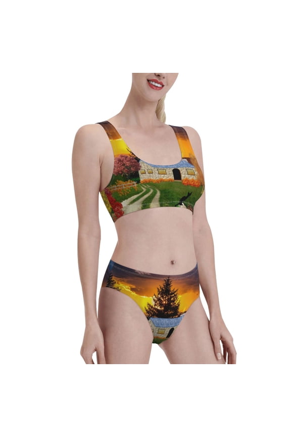 Fall Village Scenery Women's High Waisted Bikini Scoop Neck Swimsuit Two Pieces Bathing Suit-Medium