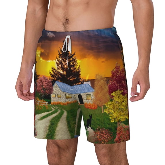Picia Fall Village Scenery pattern Mens Swim Trunks with Compression Liner Stretch Beach Shorts Quick Dry with Zipper Pockets No-Chafing Board Shorts-Small