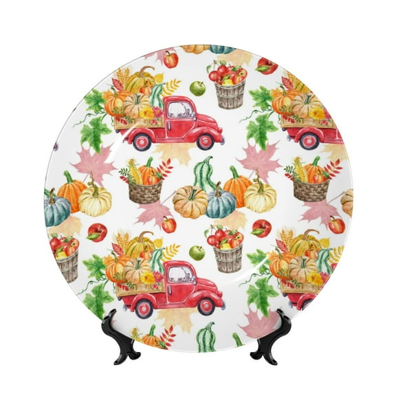Picia Fall harvest truck pumpkin Pattern Bone China Decorative Plate – Wall Decor with Stand and Adhesive, Elegant Ornament for Living Room, Office, or Entryway-