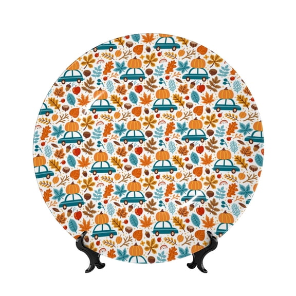 Picia Falling Pumpkins On Car Pattern Bone China Decorative Plate – Wall Decor with Stand and Adhesive, Elegant Ornament for Living Room, Office, or Entryway-7in