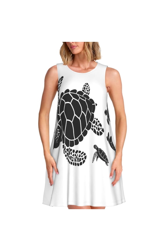 Family Of Sea Turtles Print Women’s Sleeveless Midi Swing Dress – A-Line Pleated Tank Sundress, Comfortable and Flowy T-Shirt Dress