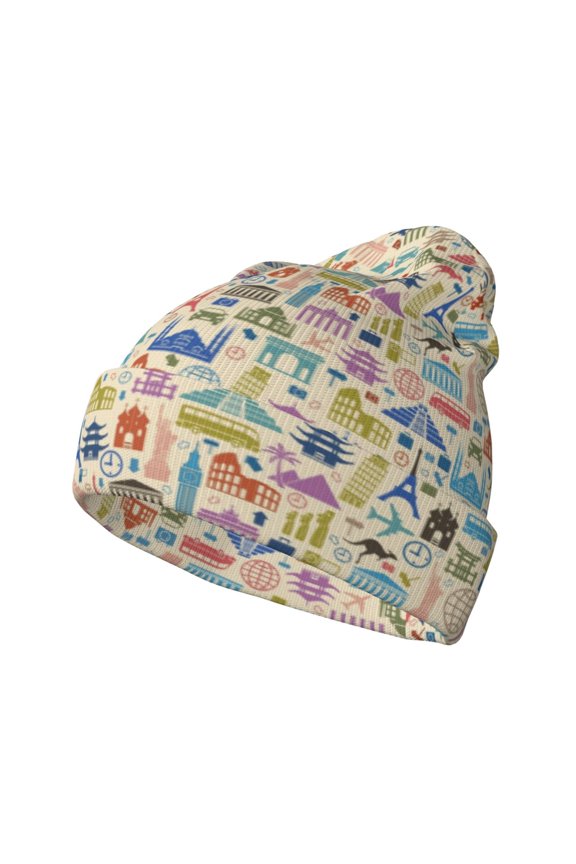 Famous Places Pattern Knitted Beanie Hat for Men and Women , Unisex Winter Warm Stretchy Knit Cap Thick Fisherman Beanies Cuffed Plain Skull Caps