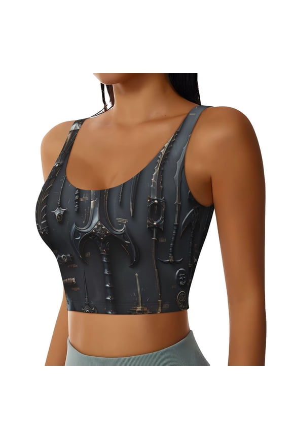 Fantasy Medieval Weaponry Sports Bra for Women,Padded Strappy Sports Bras Medium Support Yoga Bra with Removable Cups,Running Yoga Bra-Large