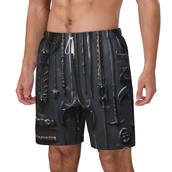 Picia Fantasy Medieval Weaponry pattern Mens Swim Trunks with Compression Liner Stretch Beach Shorts Quick Dry with Zipper Pockets No-Chafing Board Shorts-Small