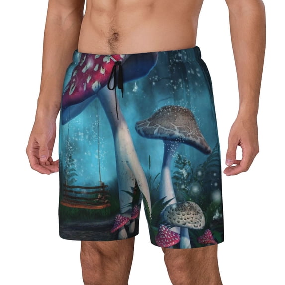 Picia Fantasy Mushrooms pattern Mens Swim Trunks with Compression Liner Stretch Beach Shorts Quick Dry with Zipper Pockets No-Chafing Board Shorts-Medium