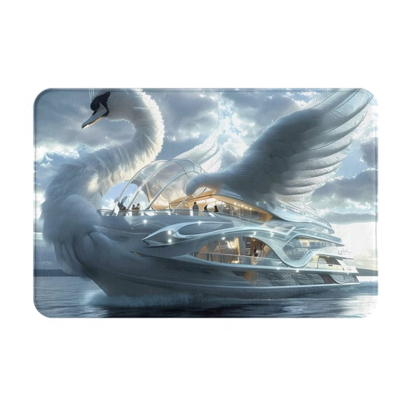 Picia Fantasy Swan Yacht Design Pattern Flannel Doormat 16x24 Inch Non-Slip Indoor Mat, Absorbent & Quick-Dry Rug for Entryway, Bathroom, Kitchen, and Bedroom, Machine Washable