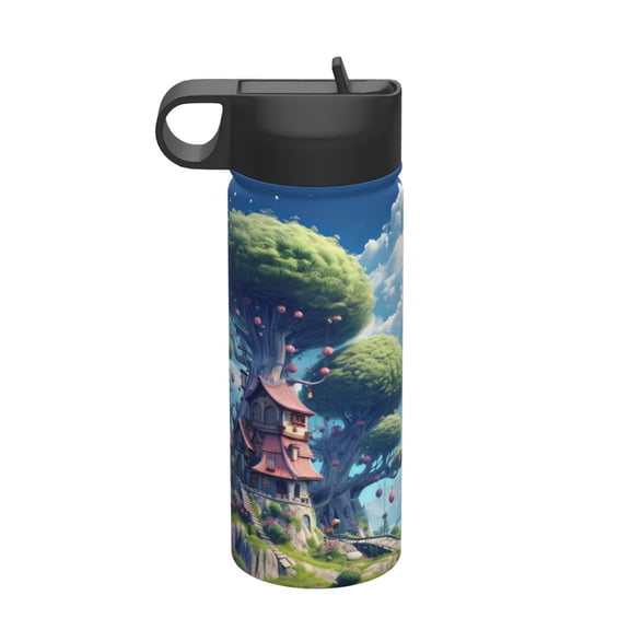 Picia Fantasy Treehouse Planet Scene Pattern 18oz Sports Insulated Kettle With Straw Insulated Water Bottle For Running Hiking Cycling Climbing Men'S Woman Insulated Water Bottle