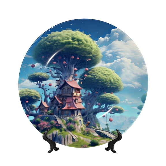 Picia Fantasy Treehouse Planet Scene Pattern Bone China Decorative Plate – Wall Decor with Stand and Adhesive, Elegant Ornament for Living Room, Office, or Entryway-6in