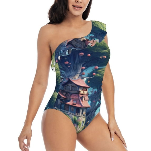 Picia Fantasy Treehouse Planet Scene Pattern Women's One Piece Swimsuits,One Shoulder Swimwear Asymmetric ,Ruffle Monokinis Bathing Suits,High Waisted Flattering Bathing Suits-Large