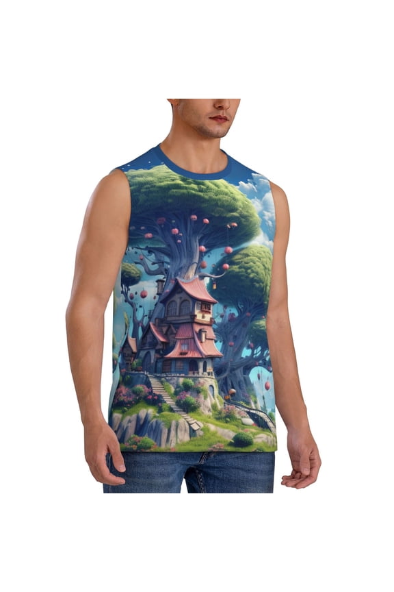 Fantasy Treehouse Planet Scene mens Cotton Tank Undershirts , Moisture-wicking Ribbed Tanks, Lightweight Cotton Tank Undershirts-3X-Large
