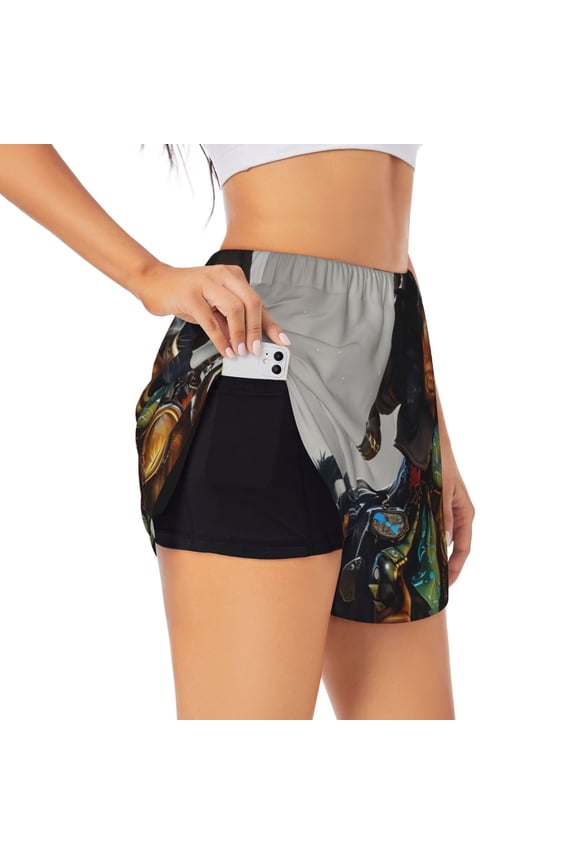 Fantasy Wizard Dog Art Pattern Women's 2 in 1 Athletic Running Shorts High Waisted Workout Casual Gym Sweat Shorts with Comfy Liner Zipper Pockets-Large