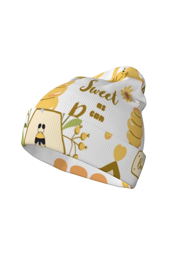 Farm Bee Cute Honey Pattern Knitted Beanie Hat for Men and Women , Unisex Winter Warm Stretchy Knit Cap Thick Fisherman Beanies Cuffed Plain Skull Caps