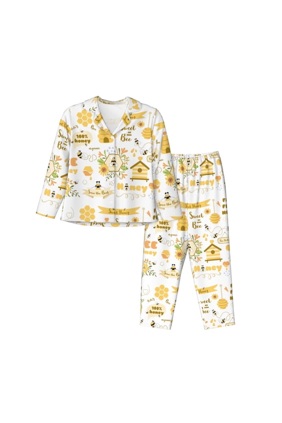 Farm Bee Cute Honey Pattern Women’s Long-Sleeve Sleepwear Set - Soft 2-Piece Loungewear with Pockets, Comfy PJs for Relaxing Nights-