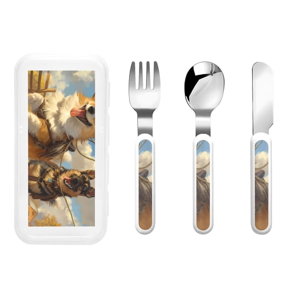 Picia Farm Corgi German Shepherd Print Children's Knife, Fork And Spoon Set - Kids Knife Fork Spoon - Stainless Steel Kids Silverware Set - Metal Kids Cutlery Set