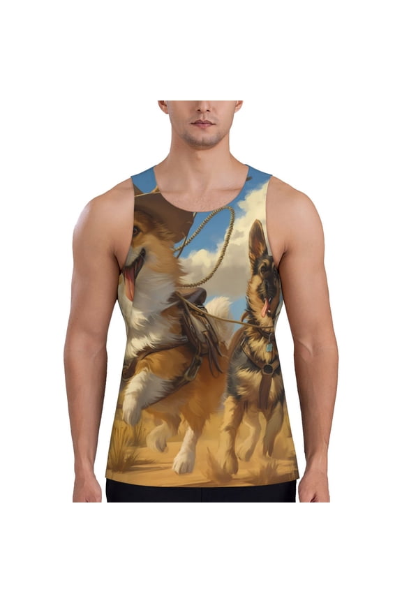 Farm Corgi German Shepherd Printed Men’s Performance Tank, Men's Workout Tank Top Moisture-Wicking Tank Top Muscle tee, Breathable Workout Shirt-4X-Large