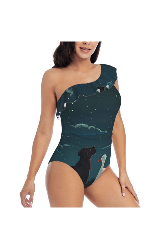 Farm Dog Duck Moonlight Pattern Women's One Piece Swimsuits,One Shoulder Swimwear Asymmetric ,Ruffle Monokinis Bathing Suits,High Waisted Flattering Bathing Suits-Large
