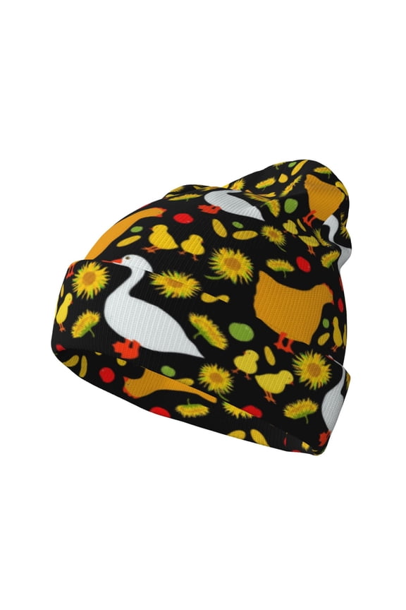 Farm Goose Pattern Knitted Beanie Hat for Men and Women , Unisex Winter Warm Stretchy Knit Cap Thick Fisherman Beanies Cuffed Plain Skull Caps