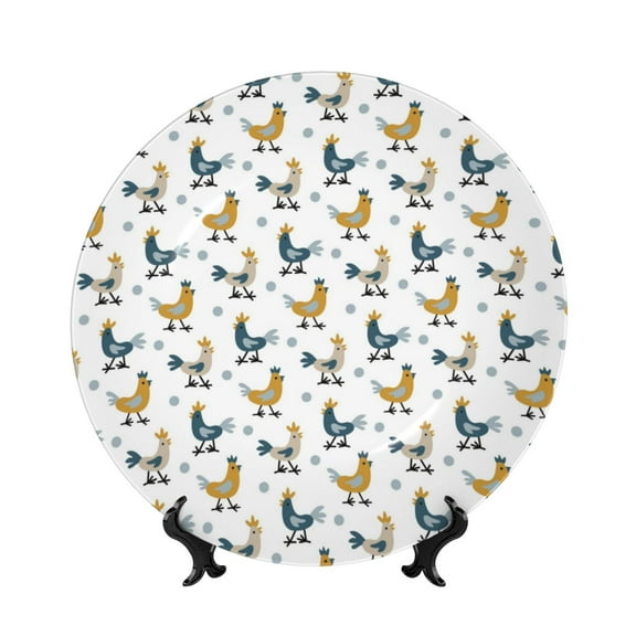 Picia Farm Roosters Pattern Bone China Decorative Plate – Wall Decor with Stand and Adhesive, Elegant Ornament for Living Room, Office, or Entryway-8in