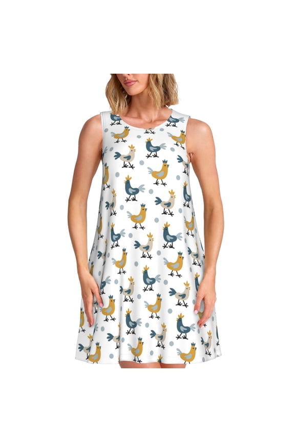 Farm Roosters Print Women’s Sleeveless Midi Swing Dress – A-Line Pleated Tank Sundress, Comfortable and Flowy T-Shirt Dress