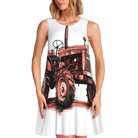 Picia Farm Tractor Print Women’s Sleeveless Midi Swing Dress – A-Line Pleated Tank Sundress, Comfortable and Flowy T-Shirt Dress