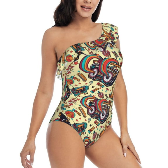 Picia Fashion Hippie Girl Pattern Women's One Piece Swimsuits,One Shoulder Swimwear Asymmetric ,Ruffle Monokinis Bathing Suits,High Waisted Flattering Bathing Suits-Medium