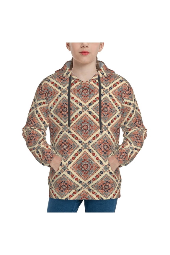 Fashion Tatreez Pattern Youth Hoodie - Warm Pullover Sweatshirt with Kangaroo Pocket, Ideal for Boys and Girls-X-Large