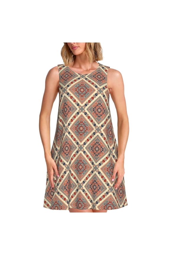 Fashion Tatreez Print Women’s Sleeveless Midi Swing Dress – A-Line Pleated Tank Sundress, Comfortable and Flowy T-Shirt Dress