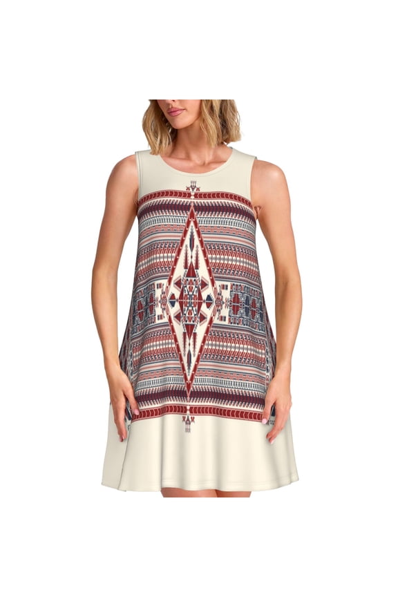 Fashion Tatreez Print Women’s Sleeveless Midi Swing Dress – A-Line Pleated Tank Sundress, Comfortable and Flowy T-Shirt Dress