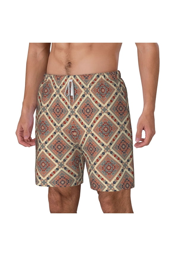Fashion Tatreez pattern Mens Swim Trunks with Compression Liner Stretch Beach Shorts Quick Dry with Zipper Pockets No-Chafing Board Shorts-Small