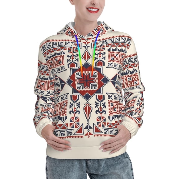 Picia Fashion Tatreez1 Pattern Casual Women's Hoodie, Hooded Sweatshirt with Kangaroo Pocket, Comfortable Pullover with Eye-catching Drawstrings-Medium