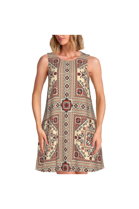 Fashion Tatreez1 Print Women’s Sleeveless Midi Swing Dress – A-Line Pleated Tank Sundress, Comfortable and Flowy T-Shirt Dress