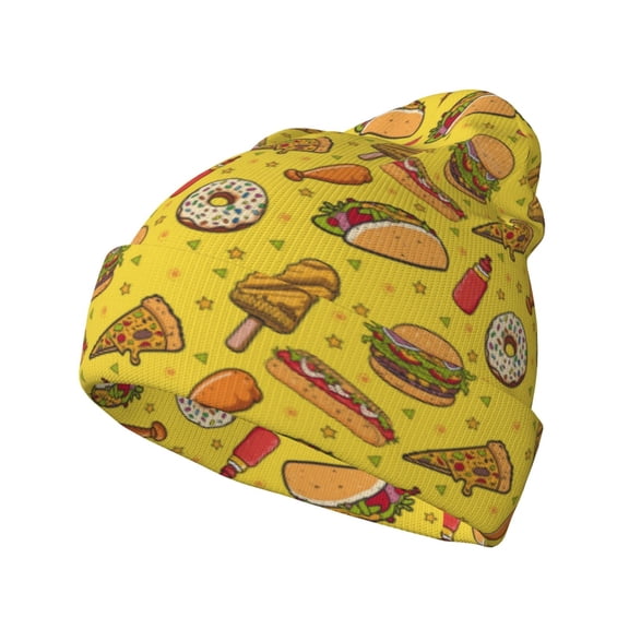 Picia Fast Food 1 Pattern Knitted Beanie Hat for Men and Women , Unisex Winter Warm Stretchy Knit Cap Thick Fisherman Beanies Cuffed Plain Skull Caps