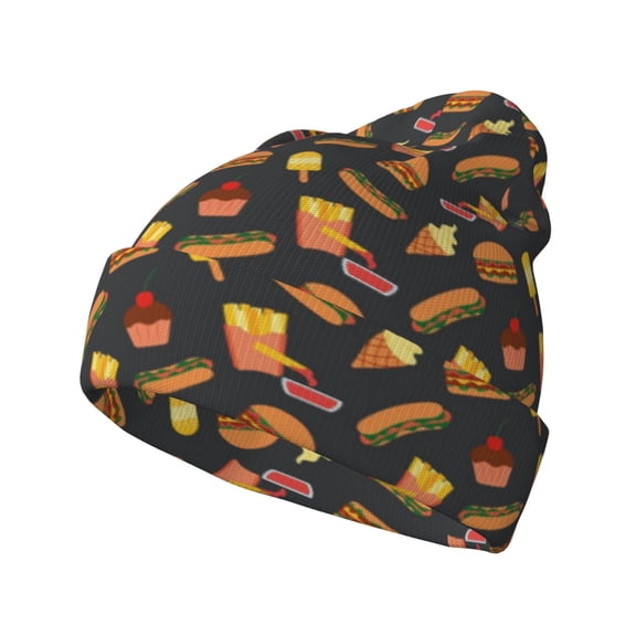 Picia Fast Food Pattern Knitted Beanie Hat for Men and Women , Unisex Winter Warm Stretchy Knit Cap Thick Fisherman Beanies Cuffed Plain Skull Caps