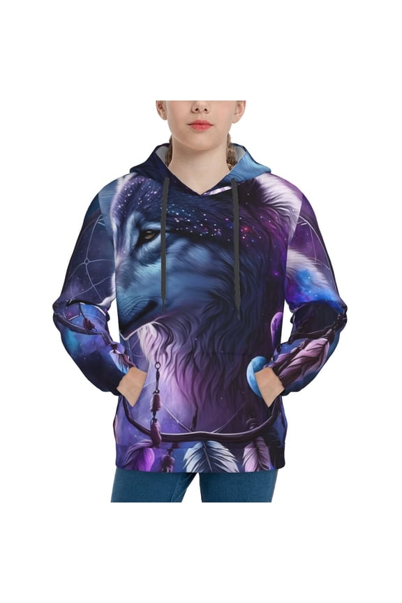 Feathered Wolf Pattern Youth Hoodie - Warm Pullover Sweatshirt with Kangaroo Pocket, Ideal for Boys and Girls-