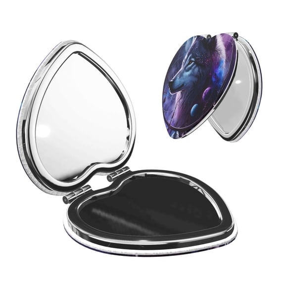 Picia Feathered Wolf for Compact Vanity Mirror , Travel Makeup Mirror , Portable Magnifying Cosmetic Mirror for Daily, Work, Business-Heart Shape