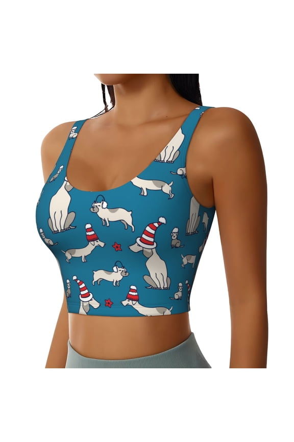 Festive Dachshund Fun Sports Bra for Women,Padded Strappy Sports Bras Medium Support Yoga Bra with Removable Cups,Running Yoga Bra-Small