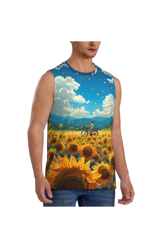 Field Bicycle Young Sunflower mens Cotton Tank Undershirts , Moisture-wicking Ribbed Tanks, Lightweight Cotton Tank Undershirts-Small