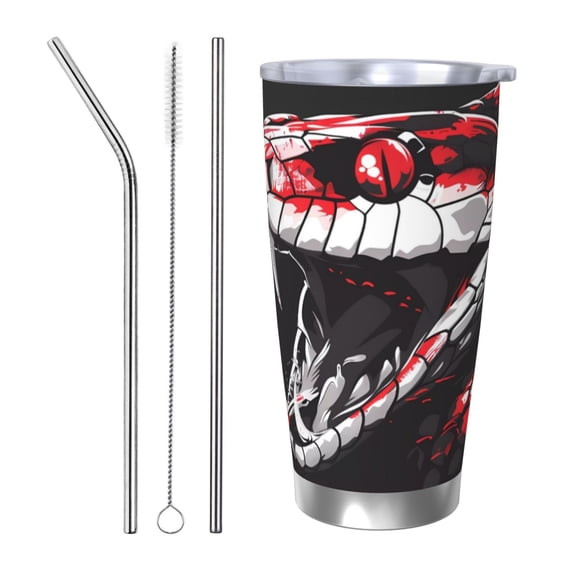 Picia Fierce Red Viper Graphic Art Pattern 20 oz Tumbler Stainless Steel Vacuum Insulated Coffee Ice Cup Double Wall Travel Flask Dual Lid Water Bottle, Eco-friendly Car Cup-Straw Three-piece Set