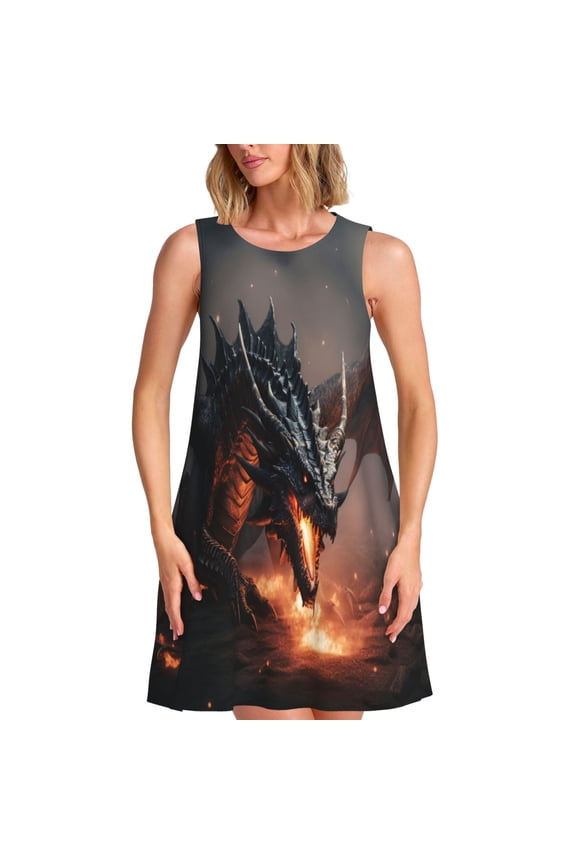 Fiery Black Dragon Attack Print Women’s Sleeveless Midi Swing Dress – A-Line Pleated Tank Sundress, Comfortable and Flowy T-Shirt Dress