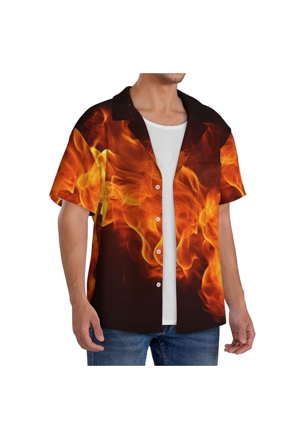 Fiery Orange Flames Energy Men's Linen Shirts Short Sleeve Cuban Beach Shirts Casual Shirts Button Down Shirt for Men Beach Summer Wedding Shirt-Small