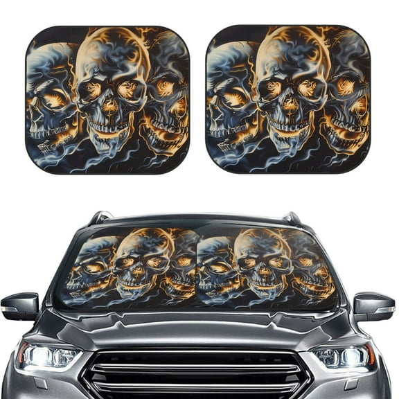 Picia Fiery Skull Trio 2 Piece Car Windshield Sun Shade Foldable | Foldable Sun Shield for Front Window Blocks UV Rays and Keeps Your Vehicle Cool-Medium