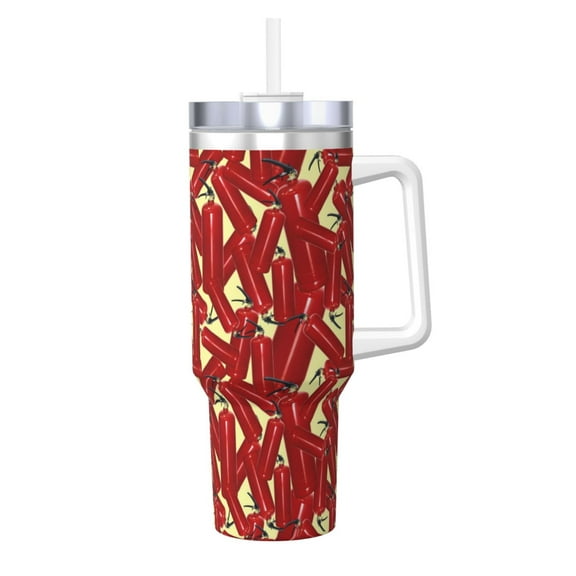 Picia Fire Extinguisher Pattern 40oz Ice Bully Insulated Tumbler with Handle, Double-Wall Stainless Steel Cup, Leak-Proof Lid and Straw