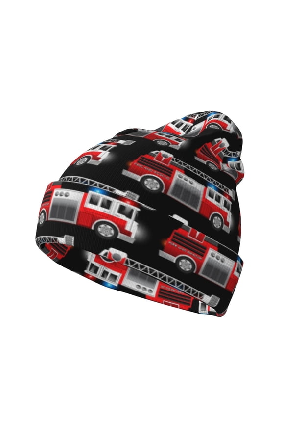 Fire and Rescue Truck Pattern Knitted Beanie Hat for Men and Women , Unisex Winter Warm Stretchy Knit Cap Thick Fisherman Beanies Cuffed Plain Skull Caps
