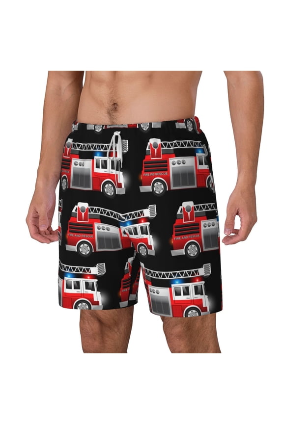 Fire and Rescue Truck pattern Mens Swim Trunks with Compression Liner Stretch Beach Shorts Quick Dry with Zipper Pockets No-Chafing Board Shorts-Medium