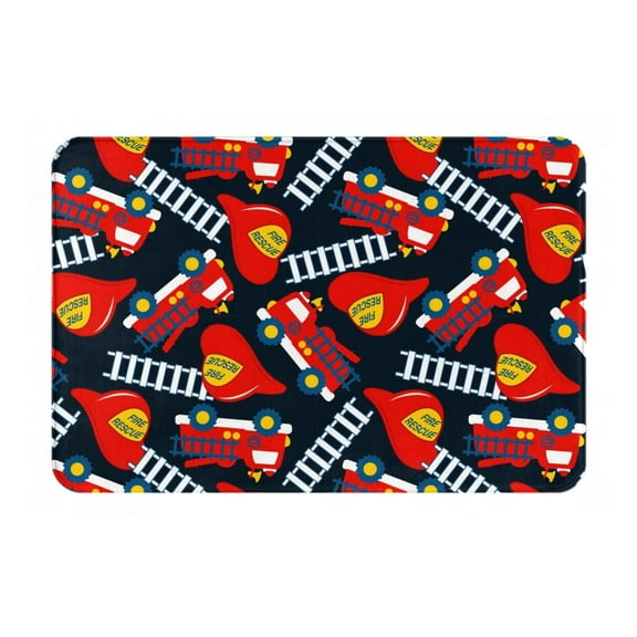 Picia Fire Rescue With Red Helmet And Truck Pattern Flannel Doormat  16x24 Inch Non-Slip Indoor Mat, Absorbent & Quick-Dry Rug for Entryway, Bathroom, Kitchen, and Bedroom, Machine Washable