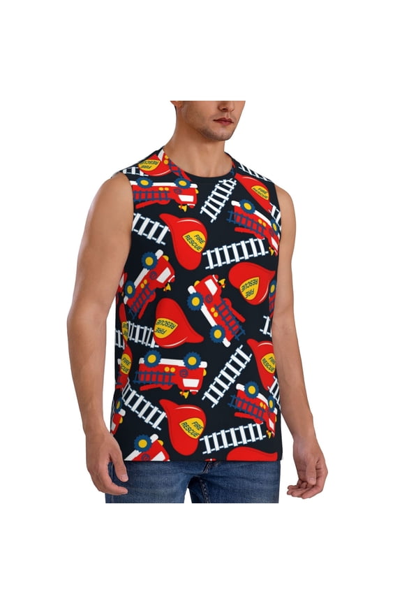 Fire Rescue With Red Helmet And Truck mens Cotton Tank Undershirts , Moisture-wicking Ribbed Tanks, Lightweight Cotton Tank Undershirts-XX-Large